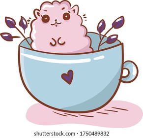 cute fat cat in blue cup. vector illustration