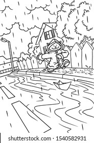 Cute fat cat in boots, in a puddle in the rain smiling in a good mood.