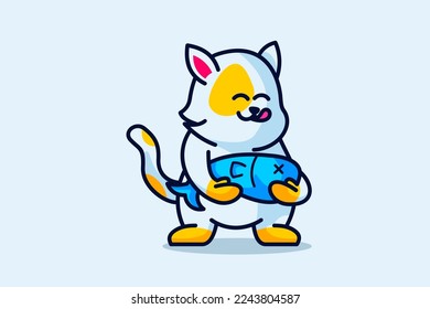 Cute fat cat is carrying a big fish