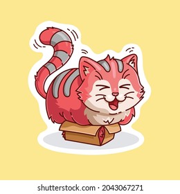 A cute fat cat in cartoon style is trying to fit in the box. Vector, lines and outline