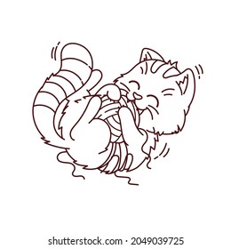 A cute fat cat in cartoon style playing with clew. Vector, lines and outline.  Сoloring page for kids