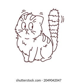 A cute fat cat in cartoon style is sitting scared. Vector, lines and outline. Easy coloring book for children