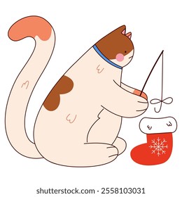 Cute fat cat with Christmas sock.Funny Christmas,New Year character.illustration for greeting card,sticker on transparent background.Hand drawn trendy Vector illustration EPS10