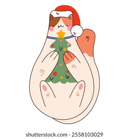 Cute fat cat with Christmas tree.Funny Christmas,New Year character.illustration for greeting card,sticker on transparent background.Hand drawn trendy Vector illustration EPS10