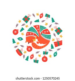 Cute fat cat in a colorful knitted sweater. Christmas composition in the form of a circle. Cat and Christmas decorations, gifts. The illustration will look good on postcards and mugs.