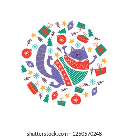 Cute fat cat in a colorful knitted sweater. Christmas composition in the form of a circle. Cat and Christmas decorations, gifts. The illustration will look good on postcards and mugs.