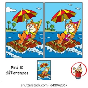 Cute fat cat in a deckchair floats by sea on a raft with umbrella. Find 10 differences. Educational game for children. Cartoon vector illustration