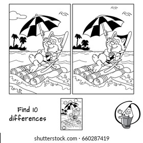 Cute fat cat in a deckchair floats by sea on a raft with umbrella. Find 10 differences. Educational game for children. Black and white cartoon vector illustration