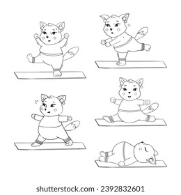 Cute fat cat doing yoga, doing the splits? standing on one leg, stretching, lying down. Yoga for everyone. Character design or mascot, stickers.