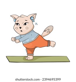 Cute fat cat doing yoga, one leg stand. Yoga for everyone. Character design or mascot, stickers.