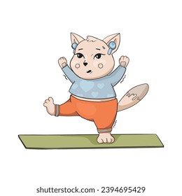 Cute fat cat doing yoga, one leg stand. Yoga for everyone. Character design, cat yoga or mascot, stickers.