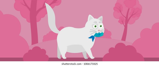 Cute fat cat with fish in his mouth