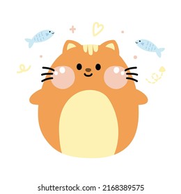 Cute fat cat with fish on white background.Animal character design.Pet cartoon hand drawn.Kawaii.Vector.Illustration.