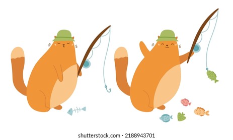 The cute fat cat is fishing. Sad ginger cat with fish bone. Happy kitten catching fish with rods. Trendy flat style vector illustration. svg