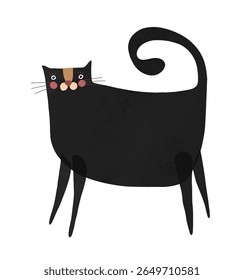 Cute Fat Cat. Funny Print With Big Black Kitty. Childish Drawing-like Vector Illustration Of Happy Cat. Big Fat Black Cat On A White Background. Kids Room Decoration. RGB Colors.