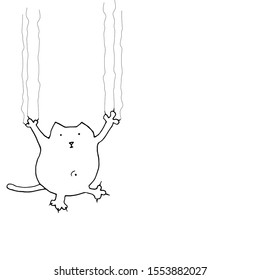 Cute fat cat hanging on its claws. Black and white banner with contour illustration and place for an inscription. Vector illustration.