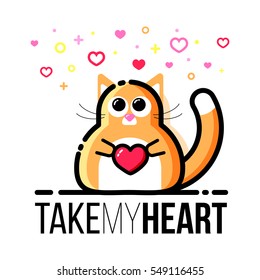 Cute fat cat holding heart in paws. Saint Valentine Day design greeting card. Flat line style Minimalistic abstract design. Fat cat character. Take My Heart text. Isolated on white background