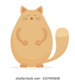 Cute fat cat isolated on white background. Happy domestic animal. Illustration with Funny pet can be used for holiday design, cards, children's clothing or things design, banners, animal shop.