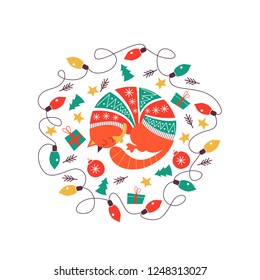 Cute fat cat in a knitted sweater. Christmas composition. Cat and Christmas decorations, Christmas garland of colorful bulbs. The illustration will look good on postcards and mugs.