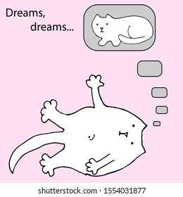 A cute fat cat lies on its back and dreams. Pink banner with contour illustration and place for an inscription. Funny vector illustration.