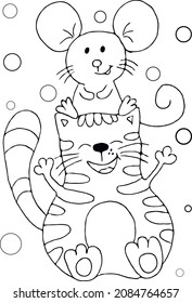 Cute fat cat with a cute little mouse on his head. Flat vector illustration. Cartoon style banner.
