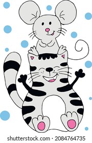 Cute fat cat with a cute little mouse on his head. Flat vector illustration. Cartoon style banner.