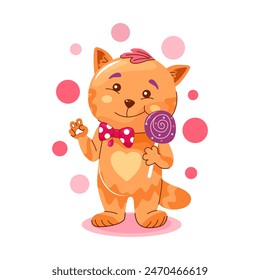  Cute fat cat with a lollipop. Cat has a sweet tooth. Flat design for printing on a T-shirt or on paper. Vector.