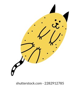 Cute fat cat is lying on its back. Doodle art. Simple stylized animal in a funny pose. Gradient or watercolor effect. Yellow element for baby clothes design. Minimalistic and stylish isolated clipart.