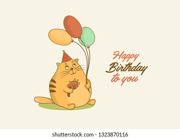 Cute fat cat in a party cap and balloon. 
Big cat with a bouquet of flowers. Happy birthday