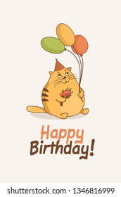Cute fat cat in a party cap and balloon. Big cat with a bouquet of flowers. Happy birthday