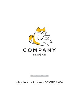 Cute Fat Cat Playing With Gadget Vector Illustration Logo Template. Eps10