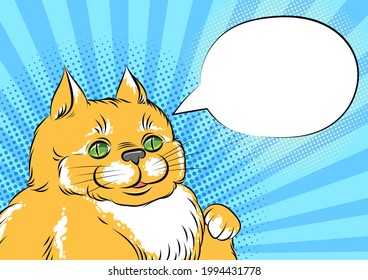 Cute fat cat ponting on empty speech bubble, pop art comic style illustration. Hungry funny cat