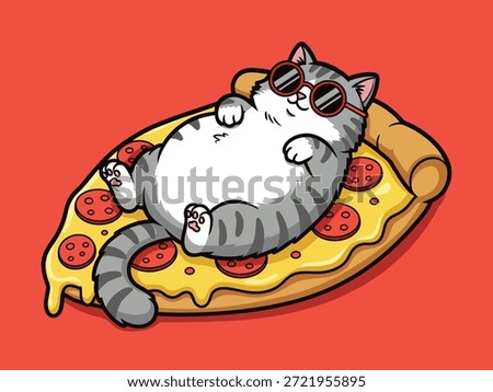 Cute Fat Cat Relaxing on Pepperoni Pizza Slice — Funny Cartoon Illustration