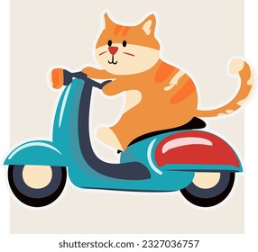Cute Fat Cat Riding Electric Scooter Funny Cartoon Illustration. Design Poster Elements