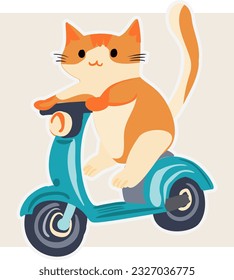 Cute Fat Cat Riding Electric Scooter Funny Cartoon Illustration. Design Poster Elements