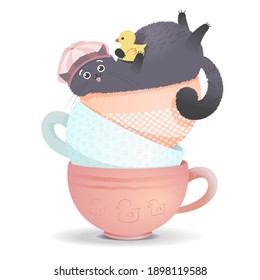 Cute fat cat with a rubber duck bathes in a cup. Childrens Isolated vector illustration on white background in cartoon style