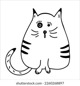 Cute fat cat. Vector black and white hand-drawn doodles. Template, design, clipart, logo, sketch, icon, coloring book.