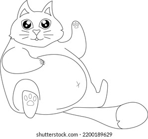 Cute fat cat vector coloring illustration. lazy fat cat saying hi. Lovely pet. Best coloring page for kids. Domestic animal cartoon style