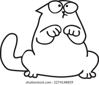 Cute fat cat vector illustration. Little funny animal with big cute eyes is asking for help or eating with raised paws. Beautiful kitty line art. All details are editable and isolated