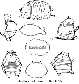 Cute fat cats characters. Doodles vector hand drawing funny cats.