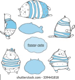 Cute fat cats characters. Doodles vector hand drawing funny cats.