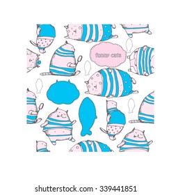 Cute fat cats characters. Seamless pattern. Doodles vector hand drawing funny cats.