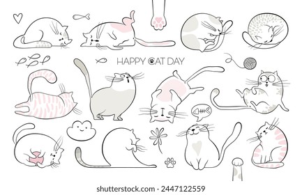 Cute fat cats and funny kitten doodle vector set. Happy international cat day characters design collection with flat and outlined pastel color in different poses