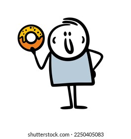 A cute fat character is holding an appetizing sweet donut in his hand. Vector illustration of stickman person and junk food.