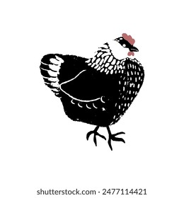 Cute fat chicken with texture on white background. Flat hen hand drawn vector illustration. Easter chicken. Design element.