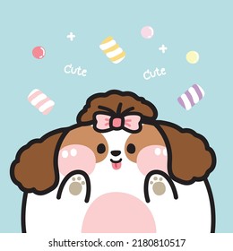 Cute Fat Dog With Candy And Marshmellow On Blue Background.Cartoon Animal Character Design.Image For Card,poster,baby Clothing.Kid Graphic.Kawaii.Vector.Illustration.