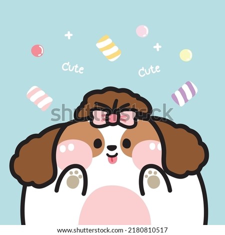 Cute fat dog with candy and marshmellow on blue background.Cartoon animal character design.Image for card,poster,baby clothing.Kid graphic.Kawaii.Vector.Illustration.