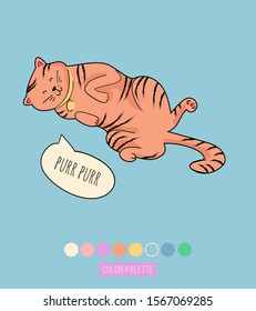 Cute fat domestic cat. Red cat sleeping isolated vector icon. Satisfied cat on the back, purrs, tiger color - sticker, patch badge. Purring cat, phrase in bubble speech.