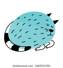 Cute fat doodle cat sleeping. Blue animal character. A funny and stylish element for the design of clothes, toys and stationery products for children. Isolated clipart. Stylization and minimalism.