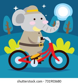 Cute fat elephant riding his red bicycle in the park at night. Cute animal series for kid. Cute and funny animal t shirt design for kid.